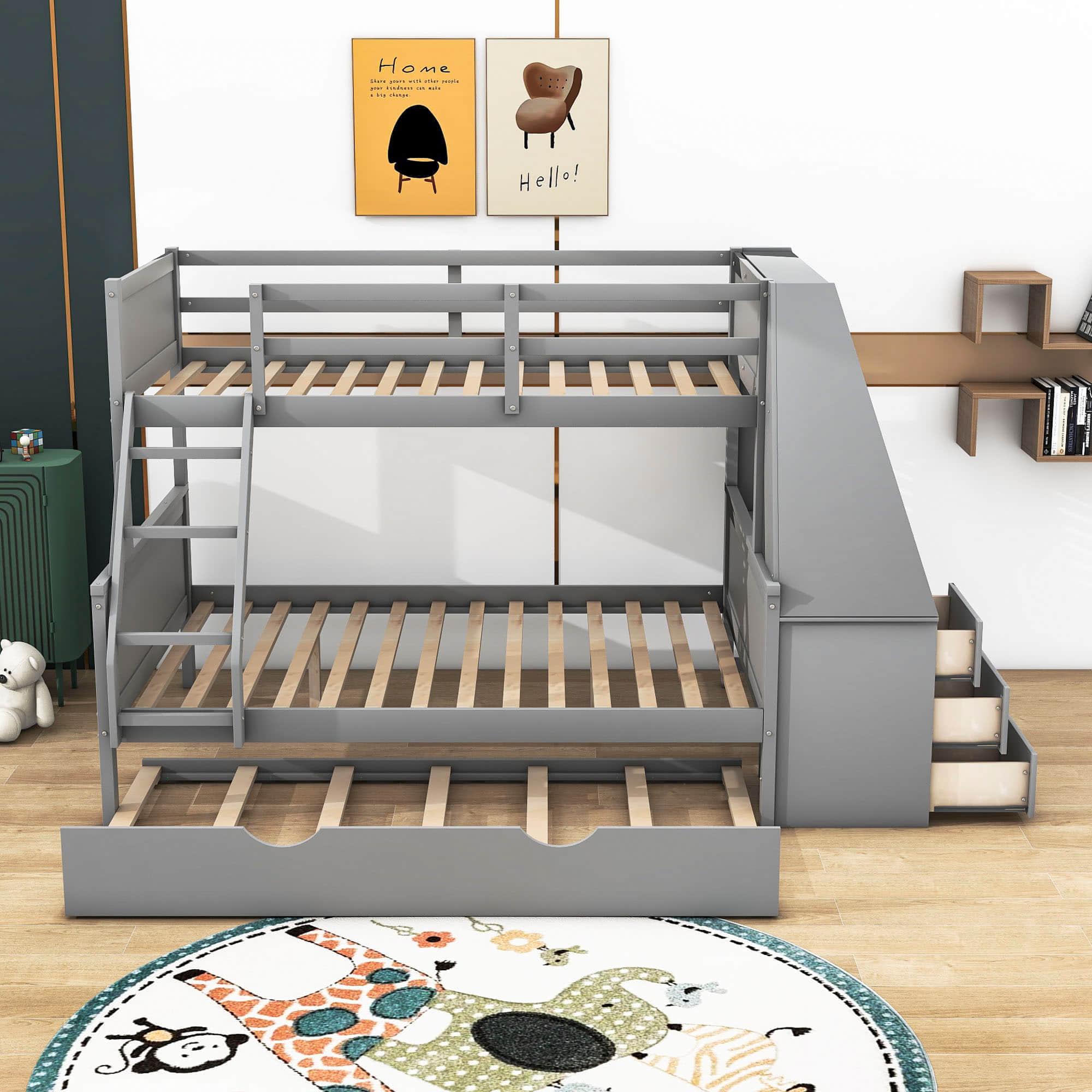 Wood Twin over Full Bunk Bed with Desk and Trundle - [Storage Drawers, Shelf]