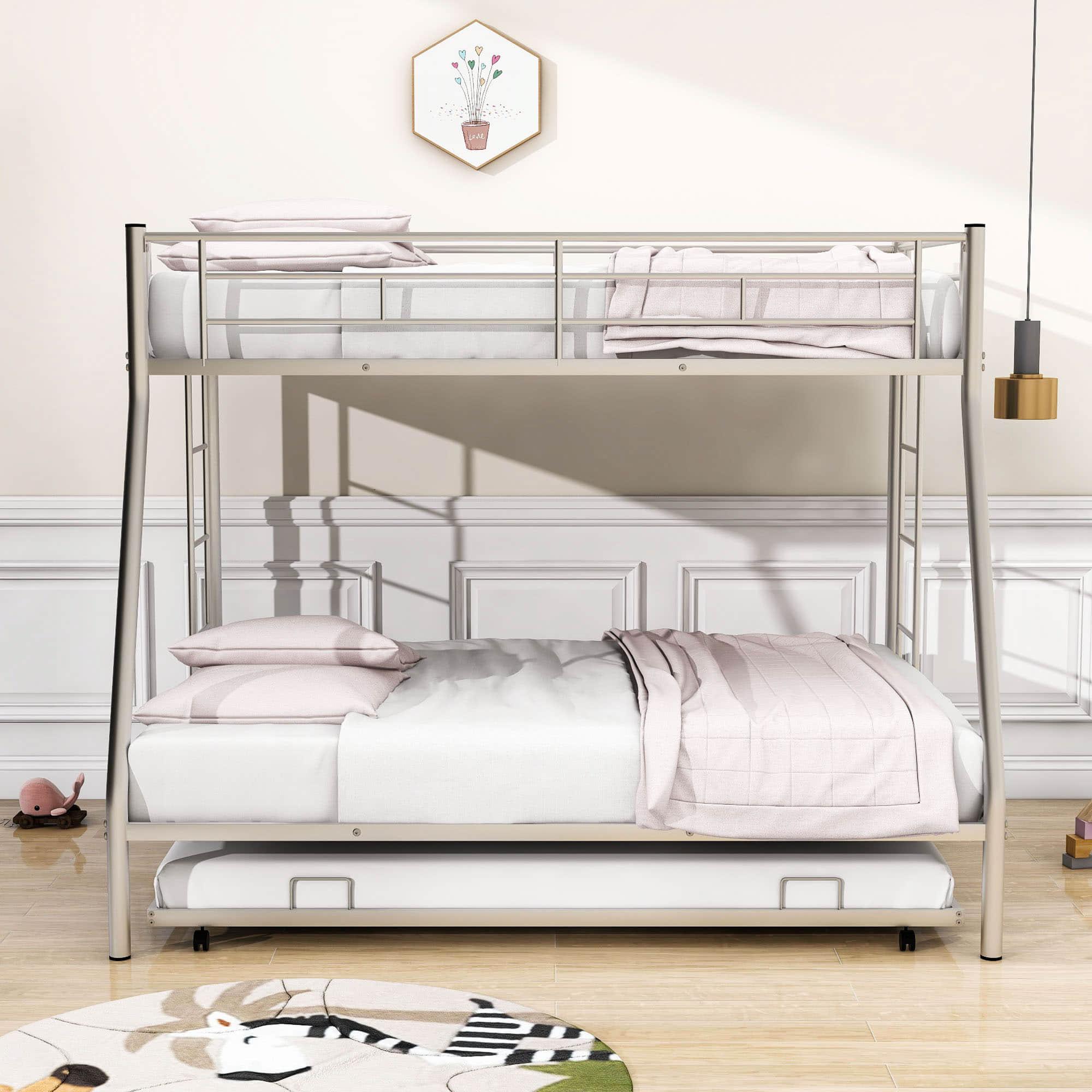 Metal Twin Over Full Bunk Beds with Trundle for Kids Adults - Two Ladders