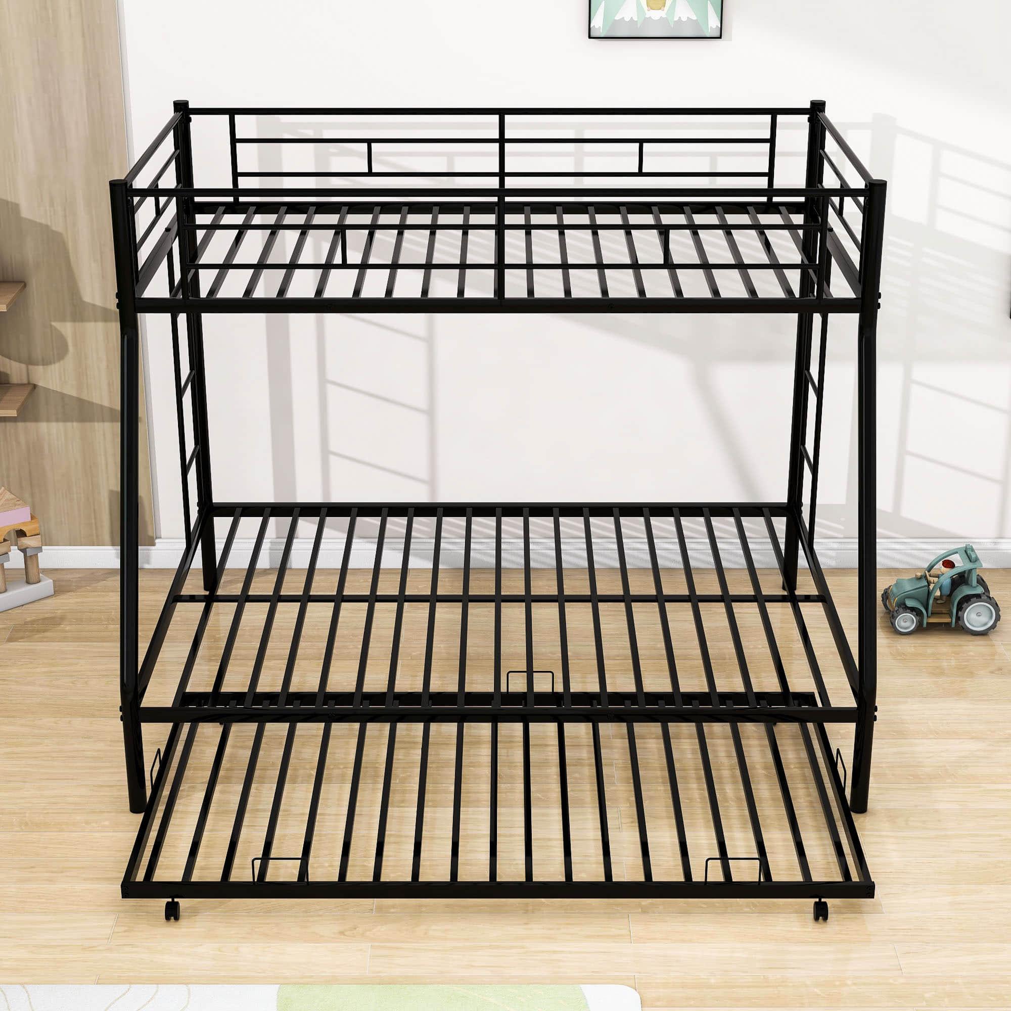 Metal Twin Over Full Bunk Beds with Trundle for Kids Adults - Two Ladders