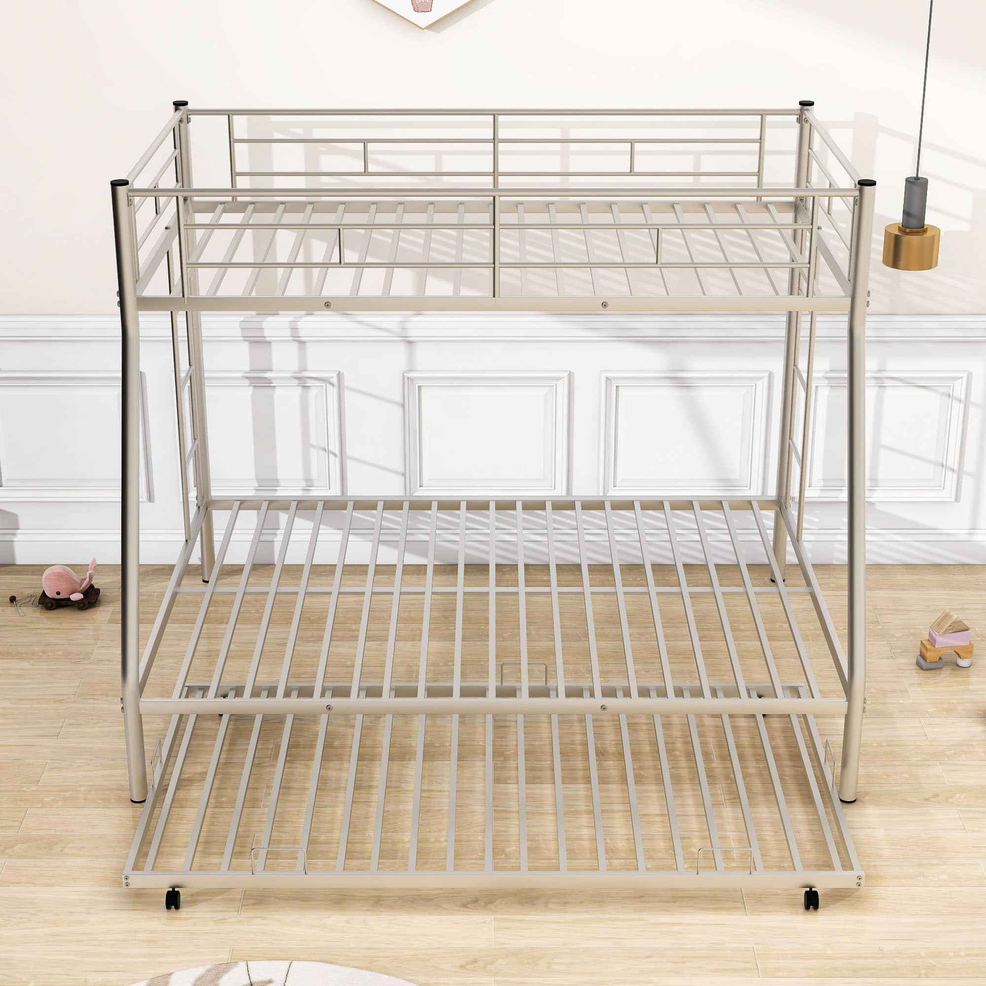 Metal Twin Over Full Bunk Beds with Trundle for Kids Adults - Two Ladders