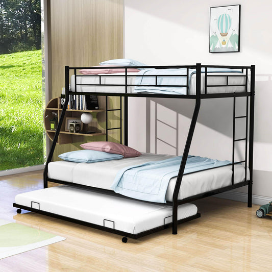 Metal Twin Over Full Bunk Beds with Trundle for Kids Adults - Two Ladders