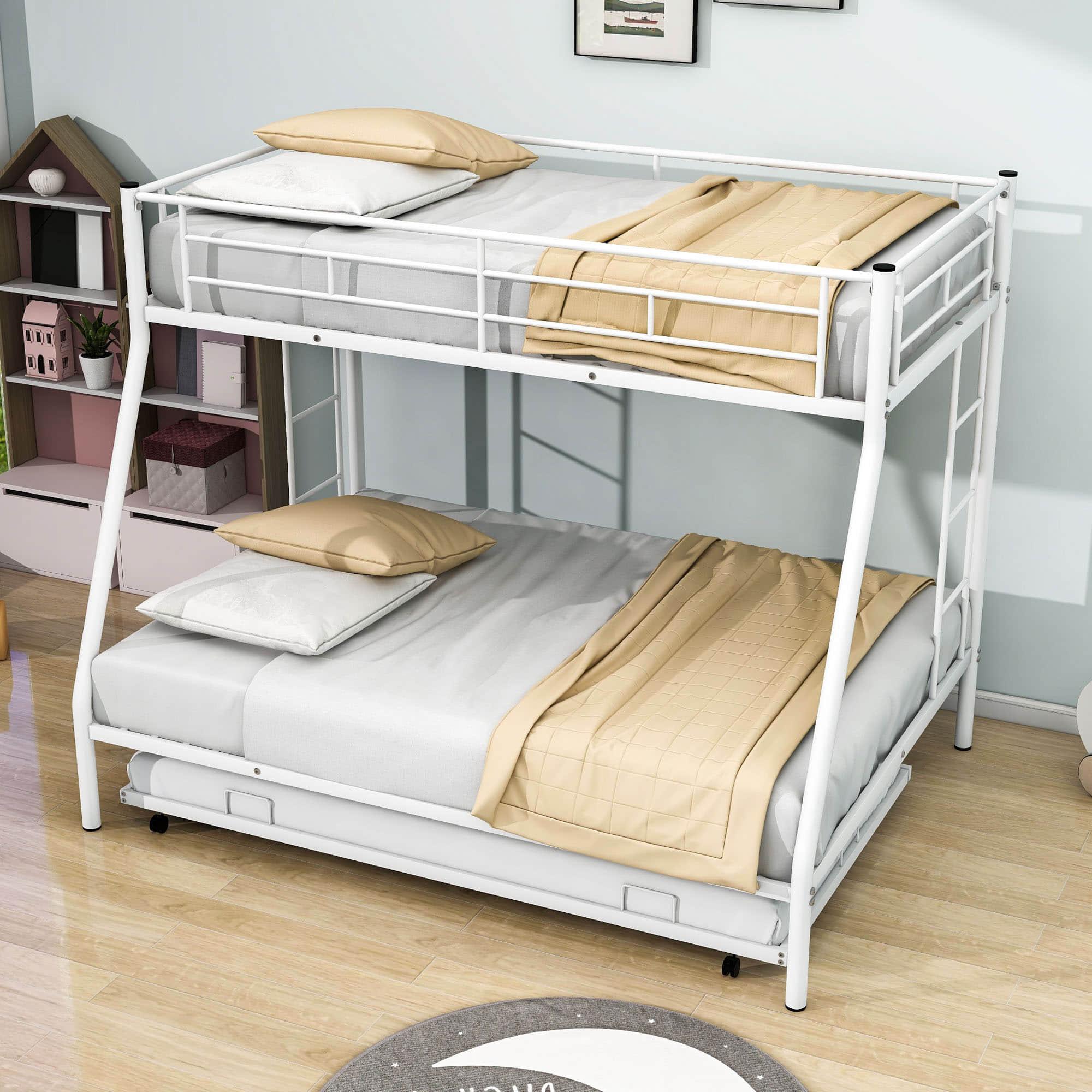 Metal Twin Over Full Bunk Beds with Trundle for Kids Adults - Two Ladders