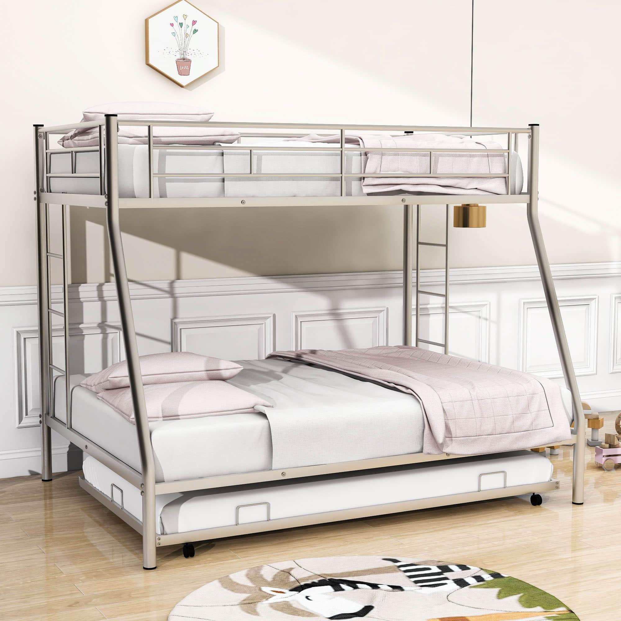 Metal Twin Over Full Bunk Beds with Trundle for Kids Adults - Two Ladders