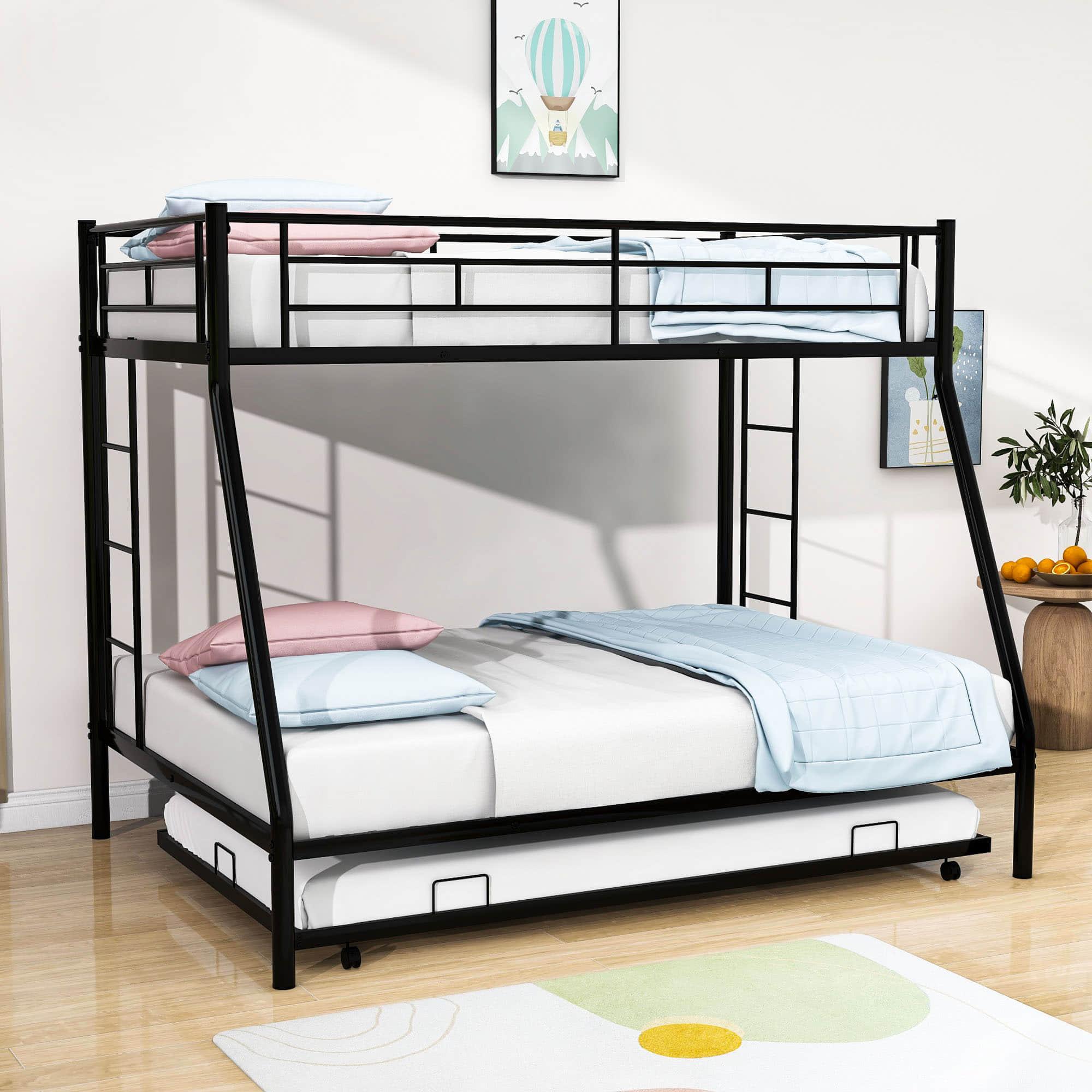 Metal Twin Over Full Bunk Beds with Trundle for Kids Adults - Two Ladders