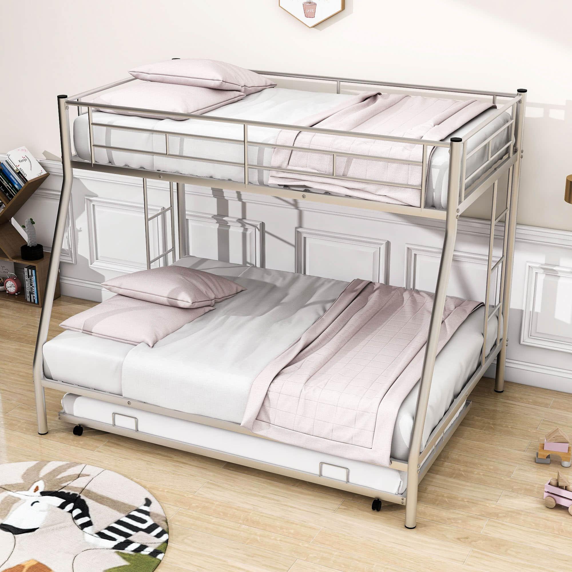 Metal Twin Over Full Bunk Beds with Trundle for Kids Adults - Two Ladders